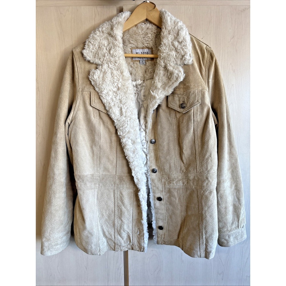 WOMEN'S WILSONS MAXIMA TAN LEATHER FAUX FUR SHERPA JACKET COAT WOMENS LARGE